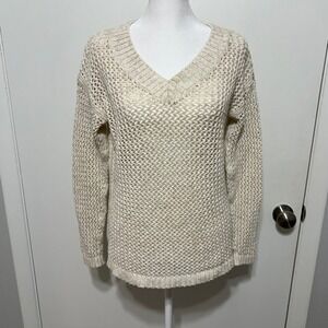 Talbots Beige V Neck Knit Sweater Size S Open Weave Cotton Blend Boho Cottage
